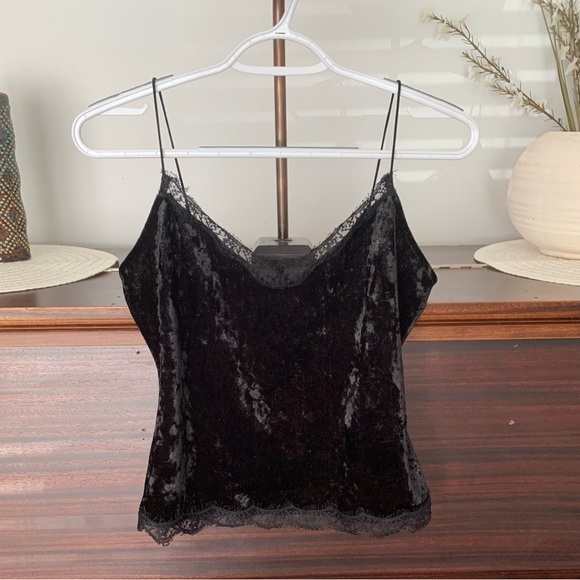 Guess Black Crushed Velvet & Lace Camisole Tank Top, Size Small - Picture 1 of 11